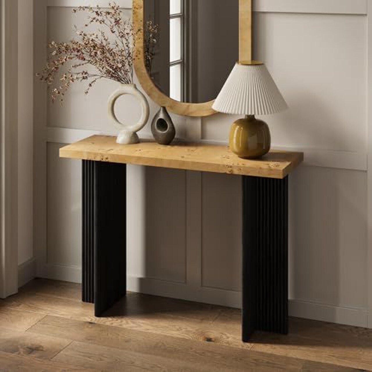 Fluted Console Table - Small Entry Desk for Narrow Spaces - Living Room Furniture - Solid Wood Entryway Table - Fluted Black Cross Base (Burl Top)